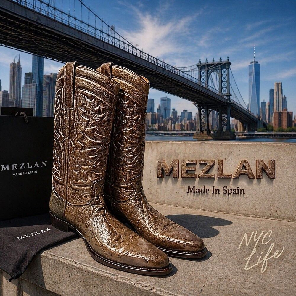 Mezlan Men’s Brown Ostrich Pointed Toe Slip-On Boots – Size 10.5 M